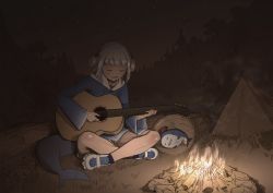Rule 34 | 1girl, absurdres, acoustic guitar, bad id, bad twitter id, bloop (gawr gura), blue hair, campfire, closed eyes, fins, fish tail, gawr gura, gawr gura (1st costume), guitar, highres, hololive, hololive english, hood, hoodie, indian style, instrument, multicolored hair, night, open mouth, shark tail, sharp teeth, shoes, sitting, sky, sneakers, star (sky), starry sky, tail, tearing up, teeth, tent, two-tone hair, two side up, virtual youtuber, wass nonnam, white hair