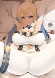 Rule 34 | 1girl, anal tail, arm behind head, armpits, arms up, ass, bed, blonde hair, blue eyes, breasts, butt plug, cleavage, condom, fake tail, genshin impact, hair between eyes, highres, hyouuma, indoors, jean (genshin impact), large breasts, looking at viewer, lying, medium hair, on back, pillow, sex toy, solo, spread legs, tail