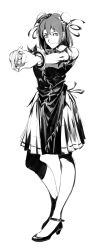 Rule 34 | 1girl, ankle strap, bandaged hand, bracelet, bun cover, china dress, chinese clothes, closed mouth, contrapposto, double bun, dress, full body, greyscale, hair bun, hair ribbon, high heels, highres, ibaraki kasen, interlocked fingers, jewelry, looking at viewer, monochrome, outstretched arms, pelvic curtain, pleated skirt, puffy short sleeves, puffy sleeves, pumps, ribbon, ruukii drift, shoes, short hair, short sleeves, simple background, skirt, smile, solo, spread arms, standing, strappy heels, toe cleavage, touhou, white background