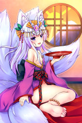 Rule 34 | 1girl, animal ears, anklet, bad anatomy, bad feet, barefoot, convenient censoring, cup, feet, fox ears, fox tail, from side, hair censor, headdress, highres, japanese clothes, jewelry, kimono, mitsuki (p&amp;d), multiple tails, off shoulder, puzzle &amp; dragons, round window, sakazuki, samoore, sitting, soles, solo, tail, toes, white hair, window