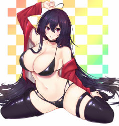 Rule 34 | ahoge, arm up, azur lane, bare shoulders, bikini, black bikini, black choker, black thighhighs, blush, breasts, checkered background, choker, cleavage, collarbone, commentary request, full body, hair between eyes, highres, jacket, large breasts, long hair, long sleeves, looking at viewer, mixed-language commentary, multicolored background, navel, no shoes, off shoulder, official alternate costume, open clothes, open jacket, pao mian+dan, parted lips, purple eyes, purple hair, red jacket, smile, solo, spread legs, stomach, swimsuit, taihou (azur lane), taihou (enraptured companion) (azur lane), thigh strap, thighhighs, very long hair