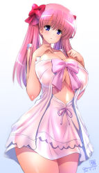 Rule 34 | 1girl, :o, blue background, blush, bow, breasts, cleavage, collarbone, dated, gradient background, hair bow, haramura nodoka, highres, kamogawa tanuki, large breasts, long hair, nightgown, nipples, pink hair, purple eyes, ribbon, saki (manga), see-through, see-through silhouette, signature, solo, twintails, twitter username