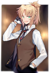 Rule 34 | 1girl, blonde hair, braid, collared shirt, dress shirt, fang, fate/apocrypha, fate (series), gloves, green eyes, holding, holding clothes, holding jacket, jacket, long hair, looking at viewer, mordred (fate), mordred (fate/apocrypha), open mouth, parted bangs, ponytail, shirt, sidelocks, solo, upper body, vest, white gloves, white shirt, yorukun