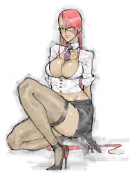 Rule 34 | 1girl, breasts, capcom, cleavage, crimson viper, glasses, hair down, high heels, kyuraa (kyura9een), large breasts, miniskirt, necktie, open clothes, open shirt, pencil skirt, shirt, shoes, skirt, solo, squatting, street fighter, street fighter iv (series), teacher, thighhighs