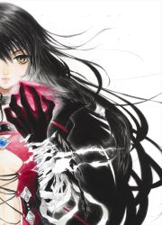 Rule 34 | 1girl, absurdres, bandaged arm, bandages, black hair, highres, inomata mutsumi, long hair, official art, solo, tales of (series), tales of berseria, torn clothes, velvet crowe, yellow eyes