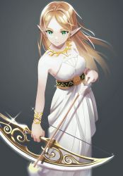 Rule 34 | 1girl, arrow (projectile), bare shoulders, bow (weapon), bracelet, breasts, closed mouth, dress, green eyes, grey background, highres, holding, holding bow (weapon), holding weapon, jewelry, kuroitubu, light brown hair, long dress, long hair, medium breasts, necklace, nintendo, pointy ears, princess zelda, serious, solo, strapless, strapless dress, the legend of zelda, the legend of zelda: breath of the wild, weapon, white dress