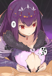 Rule 34 | 1boy, 1girl, breasts, cleavage, clothed paizuri, cum, ejaculation, fate/grand order, fate (series), highres, large breasts, long hair, mikasayaki, paizuri, purple hair, red eyes, scathach (fate), scathach (fate), scathach skadi (fate), translated