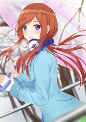 Rule 34 | 1girl, :d, blue eyes, blue sweater, blurry, blurry background, blurry foreground, blush, breasts, breath, brown hair, cherry blossoms, chinese commentary, commentary request, depth of field, dutch angle, floating hair, from side, go-toubun no hanayome, headphones, headphones around neck, highres, holding, holding umbrella, long hair, long sleeves, looking at viewer, medium breasts, nakano miku, open mouth, outdoors, pink umbrella, rko (a470350510), sidelocks, smile, snowing, solo, sweater, transparent, transparent umbrella, tree, umbrella, upper body