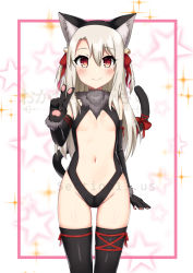 Rule 34 | 1girl, animal ears, artist name, bare shoulders, bell, black gloves, black thighhighs, blonde hair, blush, cat ears, cat tail, closed mouth, commentary, commission, cowboy shot, cowfee, dangeroes beast (illya), elbow gloves, fate/kaleid liner prisma illya, fate (series), flat chest, fur collar, gloves, gluteal fold, hair bell, hair ornament, hair ribbon, hand up, illyasviel von einzbern, jingle bell, leg ribbon, navel, official alternate costume, red eyes, red ribbon, revealing clothes, ribbon, smile, solo, standing, stomach, tail, tail ornament, tail ribbon, thigh ribbon, thighhighs, v, watermark
