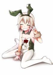 Rule 34 | 1girl, alternate costume, animal ears, blush, breasts, closed eyes, detached sleeves, fake animal ears, fur trim, grin, highres, kantai collection, leotard, nassukun, pantyhose, rabbit ears, rabbit tail, shimushu (kancolle), short hair, simple background, sitting, small breasts, smile, solo, tail, v, white background, white hair, white pantyhose, wrist cuffs