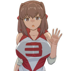 Rule 34 | 1girl, :o, against glass, breast press, breasts, brown eyes, brown hair, elbow pads, girls und panzer, headband, highres, invisible wall, kondou taeko, large breasts, looking at viewer, medium hair, onsen tamago (hs egg), open mouth, red headband, red shirt, shirt, simple background, sleeveless, sleeveless shirt, solo, sportswear, upper body, volleyball uniform, waving, white background