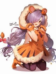 Rule 34 | 1girl, animal ears, animal hands, black pantyhose, blush, commentary, dress, english text, fake animal ears, fake tail, fang, flying sweatdrops, frown, full body, fur-trimmed dress, fur trim, gloves, granblue fantasy, hair bobbles, hair ornament, hair over one eye, halloween, halloween costume, happy halloween, highres, hooded dress, jack-o&#039;-lantern, jack-o&#039;-lantern hair ornament, kneeling, koishi (kiwi0314), lion ears, lion tail, long hair, looking at viewer, low-tied long hair, niyon (granblue fantasy), open mouth, orange dress, orange footwear, pantyhose, paw gloves, paw shoes, purple hair, red eyes, shadow, simple background, skin fang, sleeveless, sleeveless dress, solo, tail, tearing up, twintails, very long hair, white background