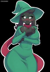 Rule 34 | 2022, absurdres, animal ears, artist name, black background, black fur, blush, furry, breasts, cleavage, cooliehigh, deltarune, deltarune chapter 2, female focus, furry, furry female, genderswap, genderswap (mtf), glasses, goat ears, goat girl, goat horns, green-framed eyewear, green tunic, hat, headgear, highres, horns, huge breasts, looking at viewer, ralsei, red scarf, scarf, simple background, solo, sweat, sweatdrop, thick thighs, thighs, wide hips