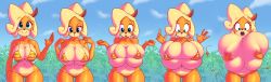 Rule 34 | 1girl, absurdres, bikini, unworn bikini top, blonde hair, breast expansion, breasts, cleavage, coco bandicoot, covering privates, covering breasts, covering nipples, crash bandicoot (series), curvy, gigantic breasts, green eyes, highres, huge breasts, large breasts, legs, navel, nitro, open mouth, ponytail, smile, standing, surprised, swimsuit, thick thighs, thighhighs, thighs, torn bikini, torn clothes, underboob, wide hips