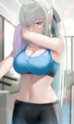 Rule 34 | 1girl, absurdres, bare shoulders, black bow, black pants, blue eyes, blue sports bra, bow, braid, breasts, cleavage, fate/grand order, fate (series), french braid, grey hair, hair bow, highres, large breasts, long hair, looking at viewer, mishiro (ixtlolton), morgan le fay (fate), navel, pants, ponytail, sidelocks, solo, sports bra, sweat, towel, very long hair, yoga pants