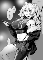 Rule 34 | 1girl, absurdres, animal ears, armpits, breasts, cellphone, cleavage, earrings, fur-trimmed jacket, fur trim, greyscale, highres, hololive, jacket, jewelry, large breasts, leg up, lion ears, lion girl, long hair, monochrome, mp150 plus, phone, see-through, see-through cleavage, shishiro botan, shishiro botan (1st costume), single thighhigh, suggestive fluid, thighhighs, thong, translated, virtual youtuber