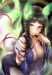 Rule 34 | 1girl, animal ears, areola slip, bare shoulders, black dress, black hair, blunt bangs, blush, breasts, collarbone, commentary request, convenient censoring, covered erect nipples, daisufuumi, detached sleeves, dress, fox ears, fox girl, fox tail, glowing, green eyes, hair ornament, highres, large breasts, long dress, long hair, long sleeves, looking at viewer, makeup, mascara, original, parted lips, red rope, rope, sidelocks, skin tight, sleeveless, sleeveless dress, smile, solo, tail, tail rope, very long hair