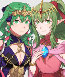 Rule 34 | 2girls, alternate costume, bare shoulders, bracelet, braid, breasts, byleth (female) (fire emblem), byleth (fire emblem), cleavage, cleavage cutout, closed mouth, clothing cutout, commentary request, cosplay, dragonstone, dress, fire emblem, fire emblem: mystery of the emblem, fire emblem: three houses, fire emblem heroes, gem, green eyes, green hair, grey background, hair between eyes, hair ornament, hair ribbon, highres, jewelry, long hair, looking at viewer, medium breasts, multiple girls, nintendo, official alternate costume, peach11 01, pink dress, pointy ears, ponytail, purple dress, red ribbon, ribbon, sidelocks, simple background, sleeveless, sleeveless dress, smile, sothis (fire emblem), sothis (fire emblem) (cosplay), tiki (adult) (fire emblem), tiki (fire emblem), twitter username, upper body