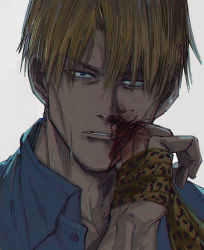 Rule 34 | 1boy, animal print, blonde hair, blood, blood on face, blue eyes, jujutsu kaisen, leopard print, lips, looking at viewer, male focus, mineco000, nanami kento, necktie, parted lips, portrait, short hair, solo, sweat, white background