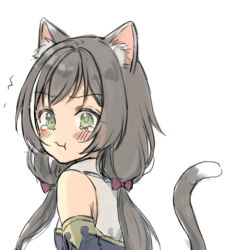 Rule 34 | 1girl, :t, animal ear fluff, animal ears, bad id, bad twitter id, black hair, black sleeves, blush, bow, breasts, cat ears, cat girl, cat tail, closed mouth, collared shirt, detached sleeves, green eyes, hair bow, karyl (princess connect!), long hair, looking at viewer, looking back, low twintails, midorikawa you, princess connect!, purple bow, shirt, simple background, sleeveless, sleeveless shirt, small breasts, solo, tail, tail raised, tears, twintails, upper body, wavy mouth, white background, white shirt