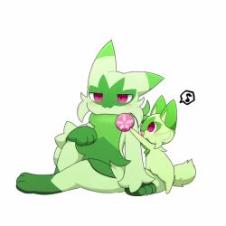 Rule 34 | 1other, :3, animated, claws, creatures (company), evolutionary line, floragato, furry, game freak, green fur, musical note, nintendo, pink eyes, pokemon, pokemon (creature), pulling, short tail, sitting, slit pupils, smile, spoken musical note, sprigatito, tagme, tail, tail wagging, taro (tontaro), video, yo-yo
