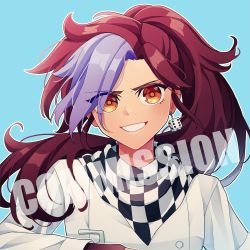 Rule 34 | 1girl, blue background, blue hair, buttons, checkered clothes, checkered scarf, cheer (cheerpuppy14), commission, cosplay, danganronpa (series), danganronpa v3: killing harmony, dice, dice earrings, grin, highres, jacket, long hair, looking at viewer, multicolored hair, oma kokichi, oma kokichi (cosplay), outline, ponytail, red eyes, red hair, scarf, simple background, smile, solo, teeth, two-tone hair, watermark, white jacket, white outline