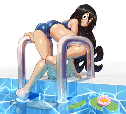 Rule 34 | 10s, 1girl, 3:, ass, asui tsuyu, bad id, bad pixiv id, barefoot, black eyes, black hair, blue one-piece swimsuit, boku no hero academia, breasts, cameltoe, cleft of venus, feet, flower, hair rings, lily pad, long hair, lotus, noill, one-piece swimsuit, partially visible vulva, pool, sideboob, soles, solo, swimsuit, toes