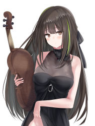Rule 34 | 1girl, absurdres, alternate costume, bare shoulders, black ribbon, blush, breasts, brown eyes, brown hair, closed mouth, clothes lift, cowboy shot, dress, dress lift, girls&#039; frontline, green hair, groin, hair between eyes, hair ribbon, halter dress, halterneck, heart, heart-shaped pupils, highres, holding, holding instrument, instrument, lifting own clothes, long hair, looking at viewer, m4a1 (girls&#039; frontline), medium breasts, multicolored hair, ribbon, ru zhai, sidelocks, simple background, solo, standing, streaked hair, symbol-shaped pupils, white background