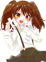 Rule 34 | 1girl, black skirt, brown hair, commentary request, cowboy shot, highres, kantai collection, long hair, long sleeves, no headwear, no headwear, open mouth, pleated skirt, ryuka hirg, ryuujou (kancolle), shikigami, shirt, skirt, solo, suspenders, twintails, white background, white shirt, yellow eyes
