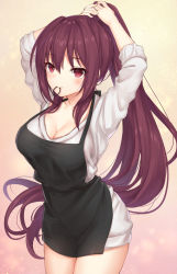 Rule 34 | 1girl, adjusting hair, alternate hairstyle, apron, arms up, blush, breasts, cleavage, fate/grand order, fate (series), highres, large breasts, long hair, looking at viewer, mashuu (neko no oyashiro), mouth hold, ponytail, purple hair, red eyes, scathach (fate), smile, solo, thighs, tying hair