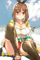 Rule 34 | 1girl, atelier (series), atelier ryza, atelier ryza 1, belt, beret, blue sky, bottle, breasts, brown belt, brown eyes, brown hair, brown legwear, cleavage, closed mouth, cloud, collarbone, commentary request, day, hair ornament, hairclip, hat, highres, jewelry, large breasts, looking at viewer, muramasa mikado, necklace, outdoors, red shorts, reisalin stout, short hair, short shorts, shorts, sitting, sky, smile, solo, star (symbol), star necklace, thighs, toes, white hat, white legwear