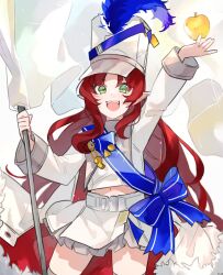 Rule 34 | 1girl, apple, arknights, arm up, belt, cropped jacket, flag, food, fruit, golden apple, green eyes, hat, highres, holding, holding flag, jacket, long hair, looking at viewer, miniskirt, myrtle (arknights), myrtle (light gold celebration) (arknights), navel, open mouth, parted bangs, pointy ears, red hair, sash, shako cap, shoulder sash, skirt, smile, solo, thighhighs, very long hair, whistle, white hat, white jacket, white skirt, yakota (usuk-yako)