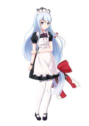 Rule 34 | 1girl, absurdres, blue eyes, blue hair, bow, frills, full body, hair bow, headgear, highres, long hair, looking at viewer, low-tied long hair, maid, maid headdress, pantyhose, puffy short sleeves, puffy sleeves, ribbon, shirayuki (warship girls r), short sleeves, smile, solo, transparent background, very long hair, warship girls r, white background, white pantyhose, yesheng yaomeng