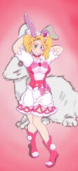 Rule 34 | absurdres, ankle boots, blonde hair, boots, breasts, choker, cosplay, cure whip, cure whip (cosplay), dress, eepyrabbit, emmanuelle love, full body, gloves, hair ornament, heart, heart-shaped pupils, highres, large breasts, layered skirt, magical girl, pink dress, precure, puffy sleeves, rabbit ears, rabbit girl, rabbit tail, red footwear, skirt, smile, symbol-shaped pupils, tall female, twintails, white dress, white gloves