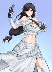 Rule 34 | 1girl, bare shoulders, belt, belt buckle, black hair, breasts, buckle, claw (weapon), cleavage, cowboy shot, crop top, earrings, feather earrings, feathers, fighting stance, final fantasy, final fantasy vii, final fantasy vii ever crisis, fingerless gloves, frilled shirt, frills, gloves, highres, jewelry, kivavis, large breasts, long hair, looking at viewer, low-tied long hair, midriff, navel, off-shoulder shirt, off shoulder, official alternate costume, red eyes, serious, shirt, showgirl skirt, single earring, skirt, solo, tifa lockhart, tifa lockhart (feather style), weapon, white feathers, white shirt, white skirt