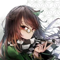 Rule 34 | 1girl, absurdres, brown eyes, brown hair, checkered clothes, checkered scarf, closed mouth, futatsuiwa mamizou, futatsuiwa mamizou (human), glasses, green kimono, highres, holding, holding smoking pipe, japanese clothes, kimono, kiseru, leaf, leaf on head, long hair, long sleeves, looking at viewer, raccoon girl, safutsuguon, scarf, simple background, smoking pipe, solo, touhou, upper body, white background