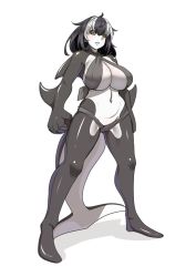 Rule 34 | 1girl, bikini, black hair, black sclera, blush, breasts, cetacean tail, cleavage, clenched teeth, colored sclera, colored skin, commentary, fins, fish tail, full body, grey skin, highres, konoshige (ryuun), large breasts, looking at viewer, monster girl, multicolored hair, multicolored skin, navel, orca, original, sharp teeth, short hair, simple background, solo, swimsuit, tail, teeth, two-tone hair, two-tone skin, underboob, whale, whale girl, white background, white skin, wide-eyed, yellow eyes