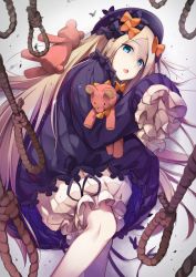 Rule 34 | 1girl, abigail williams (fate), black bow, black dress, black hat, blonde hair, bloomers, blue eyes, bow, bug, butterfly, commentary request, dress, fate/grand order, fate (series), hair bow, hands in opposite sleeves, hat, hirai yuzuki, hugging object, insect, long hair, long sleeves, looking at viewer, lying, noose, on side, open mouth, orange bow, parted bangs, polka dot, polka dot bow, rope, solo, stuffed animal, stuffed toy, teddy bear, underwear, very long hair, white bloomers