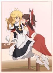 Rule 34 | 2girls, absurdres, apron, ascot, bench, black vest, blonde hair, blush, bow, braid, buttons, cup, detached sleeves, double-breasted, drunk, esthoric, eye contact, flying sweatdrops, frilled bow, frills, hair bow, hair ribbon, hakurei reimu, highres, kirisame marisa, long hair, long sleeves, looking at another, multiple girls, no headwear, nontraditional miko, red bow, red skirt, red vest, ribbon, sakazuki, single braid, sitting, skirt, smile, socks, touhou, vest, waist apron, white apron, white legwear, white ribbon, yellow ascot, yellow eyes, yuri