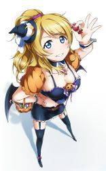 Rule 34 | 10s, 1girl, alternate costume, ayase eli, black thighhighs, blonde hair, blue eyes, breasts, candy, cleavage, food, from above, garter straps, halloween costume, hand on own hip, hat, high ponytail, highres, large breasts, long hair, looking at viewer, looking up, love live!, love live! school idol festival, love live! school idol project, mini hat, shiimai, smile, solo, thighhighs