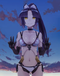 Rule 34 | 1girl, android, bare shoulders, bikini, black hair, blue sky, breasts, choker, cleavage, closed mouth, collarbone, double v, fate/grand order, fate (series), gradient background, highres, joints, katou danzou (fate), long hair, looking at viewer, mechanical arms, medium breasts, navel, parted bangs, ponytail, rainen ganbarimashita, robot joints, sidelocks, single mechanical arm, sky, smile, sunset, swimsuit, thighs, v, white bikini, yellow eyes