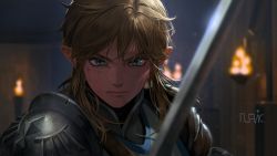 Rule 34 | 1boy, absurdres, armor, belt, blonde hair, blue eyes, blurry, blurry background, closed mouth, depth of field, fire, highres, holding, indoors, link, looking at viewer, medium hair, nintendo, official alternate costume, pauldrons, pointy ears, portrait, serious, shoulder armor, signature, solo, sword, tehwi, the legend of zelda, the legend of zelda: breath of the wild, torch, upper body, weapon
