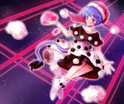 Rule 34 | 1girl, blue eyes, blue hair, blush, boots, commentary, doremy sweet, dream soul, dress, grin, highres, sheep, slimesushi, smile, solo, tail, tapir tail, touhou