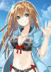 Rule 34 | 1girl, bikini, blue eyes, bow, breasts, brown hair, checkered bikini, checkered clothes, cleavage, fuotchan, large breasts, long hair, looking at viewer, navel, original, smile, solo, summer, swimsuit