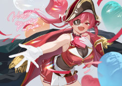 Rule 34 | 1girl, absurdres, balloon, bare shoulders, eyepatch, fang, gloves, hand on own chest, highres, hololive, houshou marine, looking at viewer, matching hair/eyes, reaching, reaching towards viewer, red eyes, red hair, ruiuncle, virtual youtuber, white gloves