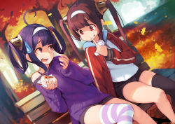 Rule 34 | 2girls, ahoge, alternate costume, ataruman, autumn, autumn leaves, azur lane, baozi, bare legs, bench, black legwear, black shorts, brown hair, casual, commentary request, contemporary, day, dress, dutch angle, falling leaves, finger to mouth, food, food on face, ginkgo leaf, hair ribbon, hairband, hairpods, highres, holding, holding food, index finger raised, jacket, leaf, long hair, long sleeves, multiple girls, ning hai (azur lane), on bench, open clothes, open jacket, open mouth, outdoors, park, park bench, ping hai (azur lane), purple eyes, purple hair, purple sweater, red eyes, red jacket, ribbon, shirt, short shorts, shorts, single bare shoulder, single thighhigh, sitting, sleeves past wrists, striped clothes, striped legwear, striped thighhighs, sweatdrop, sweater, sweater dress, tareme, thighhighs, tree, twintails, very long hair, white hairband, white shirt, wrapper