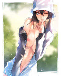 Rule 34 | 10s, 1girl, ban! (bansankan), blue hat, blurry, breasts, brown eyes, brown hair, bucket hat, cleavage, coat, commentary request, depth of field, finger to mouth, girls und panzer, hair between eyes, hat, highres, keizoku military uniform, long sleeves, looking at viewer, medium breasts, medium hair, mika (girls und panzer), naked coat, navel, nipples, off shoulder, one eye closed, outdoors, solo, sweat