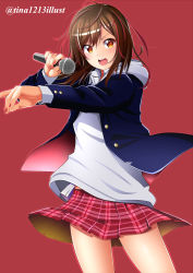 Rule 34 | 1girl, absurdres, bad id, bad pixiv id, blue jacket, brown eyes, brown hair, contrapposto, cowboy shot, floating hair, hair between eyes, highres, holding, holding microphone, hood, hood down, hooded sweater, jacket, long hair, long sleeves, looking at viewer, microphone, miniskirt, multicolored hair, nail polish, open clothes, open jacket, open mouth, original, plaid, plaid skirt, pleated skirt, red background, red nails, red skirt, simple background, skirt, solo, standing, streaked hair, sweater, tina1213, twitter username, v-shaped eyebrows, white sweater