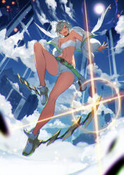 Rule 34 | 1girl, absurdres, ainezu, bandeau, bare shoulders, belt, belt pouch, blue sky, character request, choker, cloud, collarbone, commentary request, dark-skinned female, dark skin, day, fang, flat chest, full body, green belt, grey hair, hermes (n-innocence), highres, jacket, lens flare, looking at viewer, loose belt, n-innocence, navel, official art, open clothes, open jacket, open mouth, outdoors, pouch, second-party source, short hair, shorts, sky, solo, stomach, strapless, sun, tan, tube top, white bandeau, white footwear, white jacket, white shorts, white tube top, wings, yellow eyes