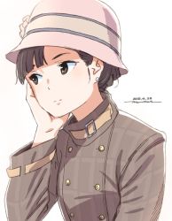 Rule 34 | 1girl, alternate hairstyle, artist name, asymmetrical bangs, brown dress, brown eyes, brown hair, closed mouth, commentary, dated, dress, earrings, girls und panzer, hair up, hat, head rest, horikou, jewelry, light frown, long sleeves, nishi kinuyo, one-hour drawing challenge, pink hat, short hair, signature, simple background, solo, upper body, white background